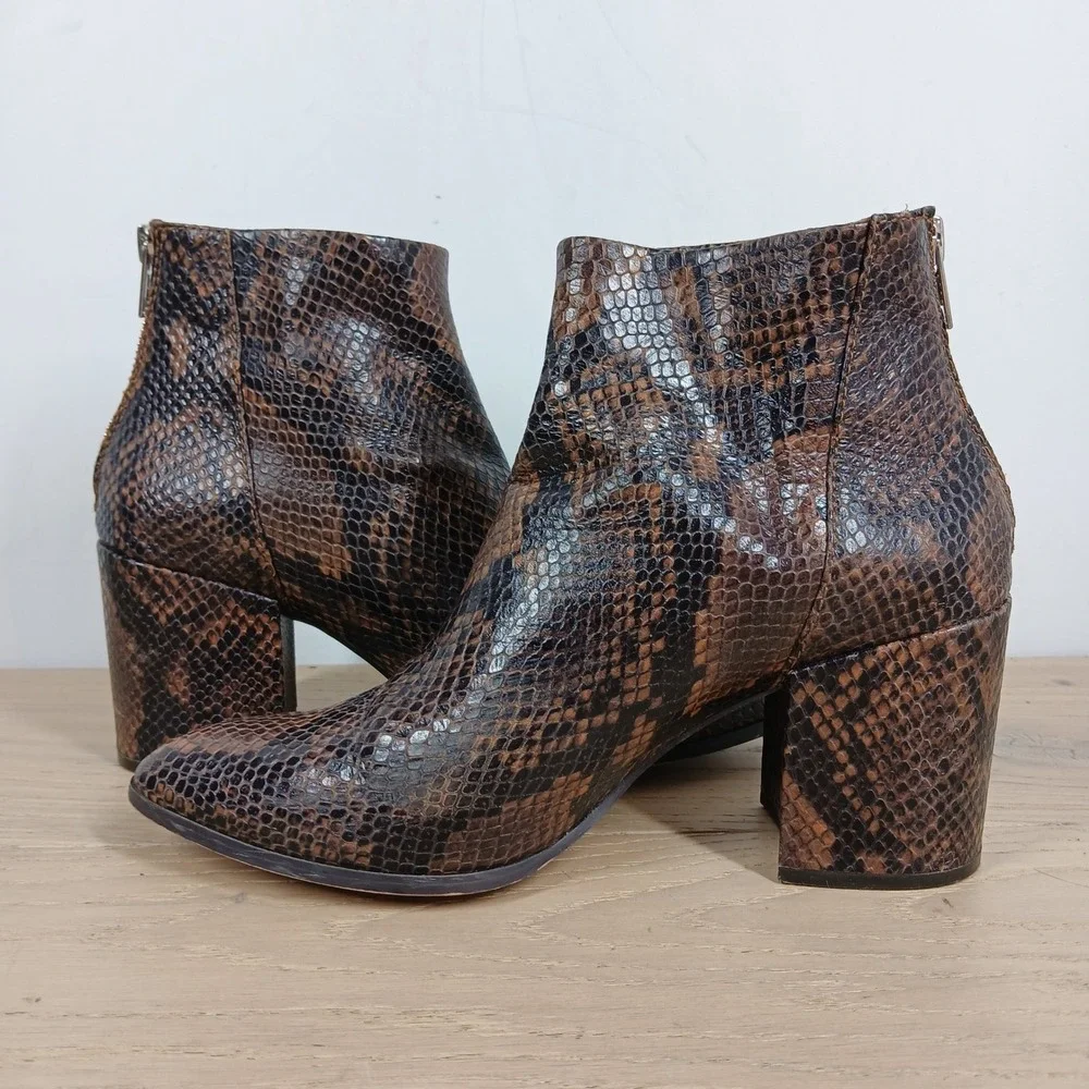 Steve Madden Jillian Ankle Boots Womens 7.5 Brown Snakeskin Block Heel